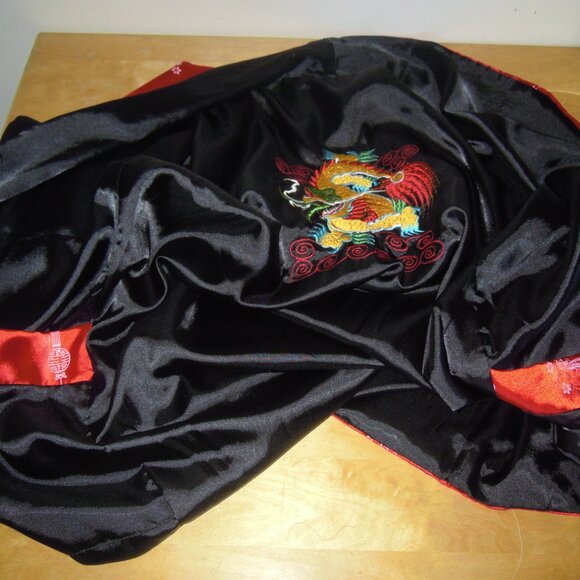 Vintage Red Black Reversible Dragon Silk Embroidered Maxi Robe Kimono X-LG - Picture 4 of 6